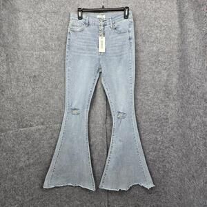 Reverof Jeans Woman Large 28x31 Blue Light Washed Flare Leg Frayed Hem Distresse